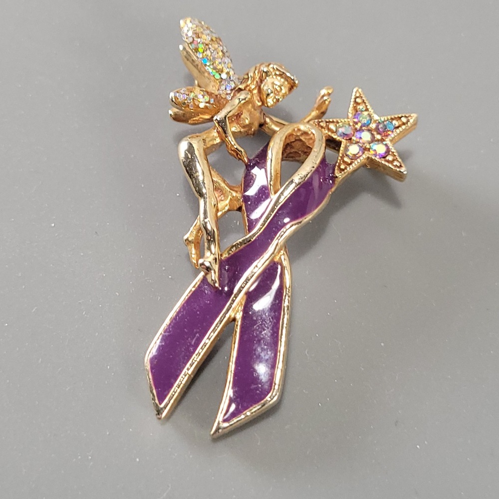 Kirks Folly Brooch Pin Women Purple Gold Fairy Star Awareness Ribbon AB Stone
